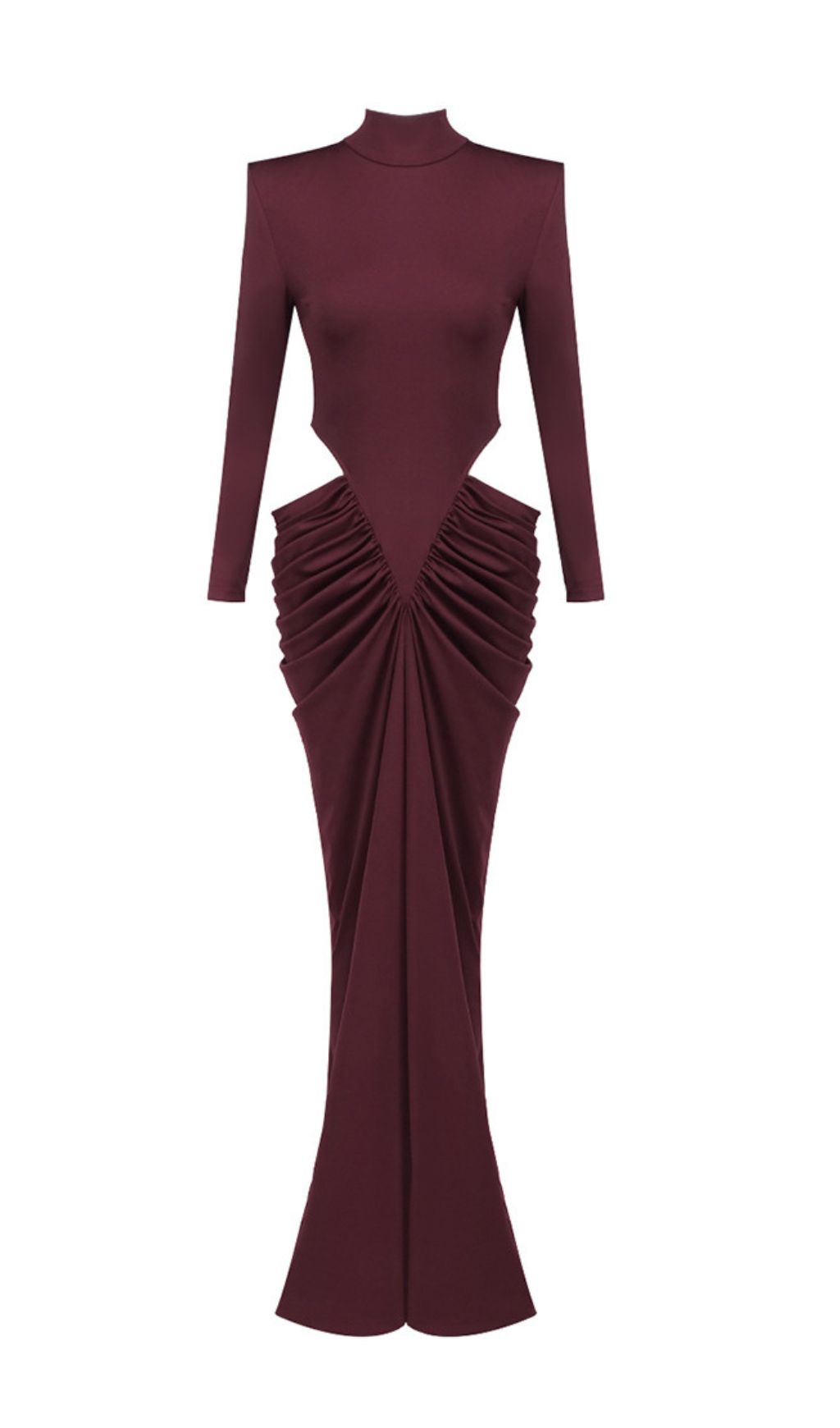 Jera Wine Elegant Cutout Ruched Maxi Dress - Long Sleeve Evening Gown