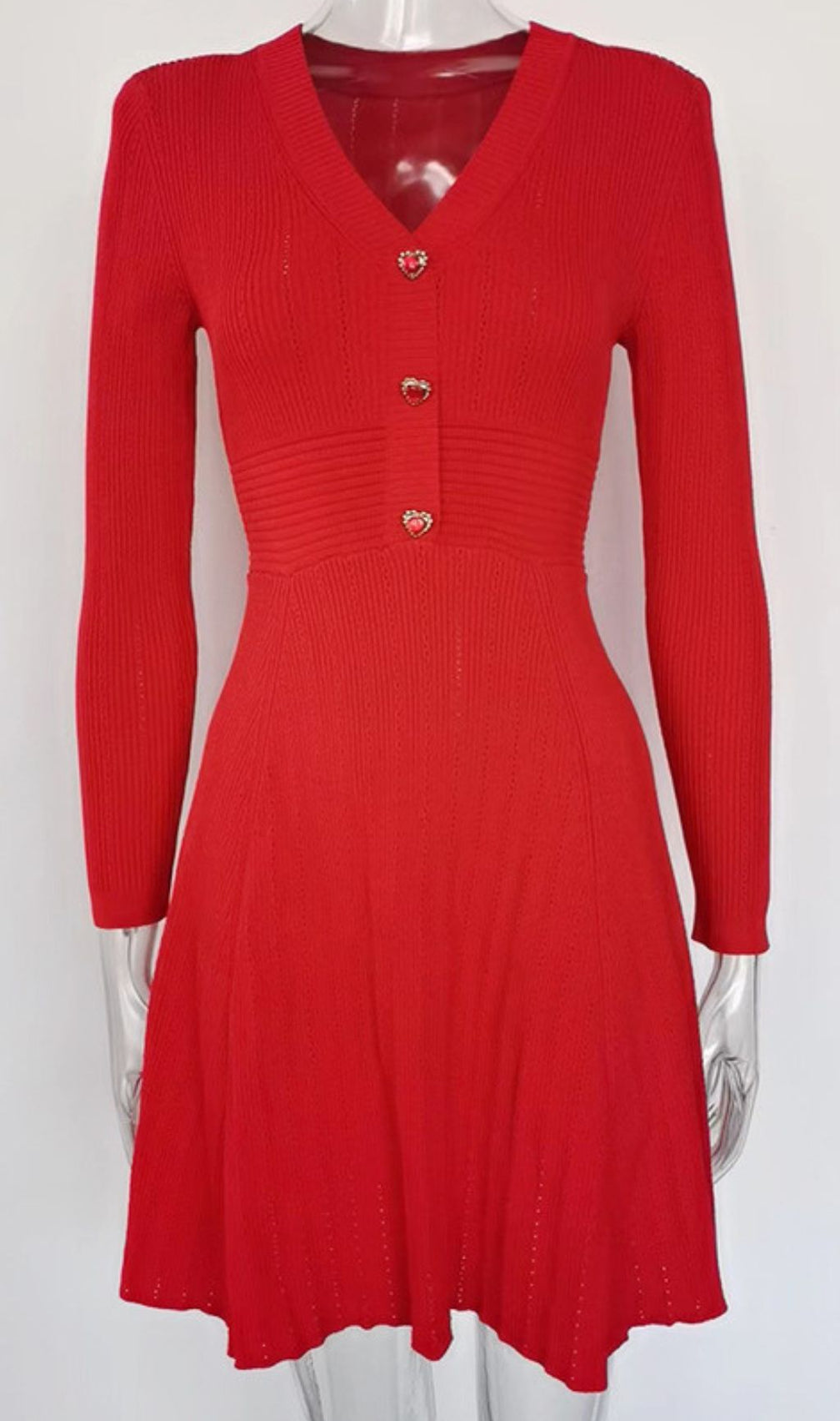 Hewitt Sweetheart Knit Mini Dress - Romantic Red Long Sleeve with Heart Buttons