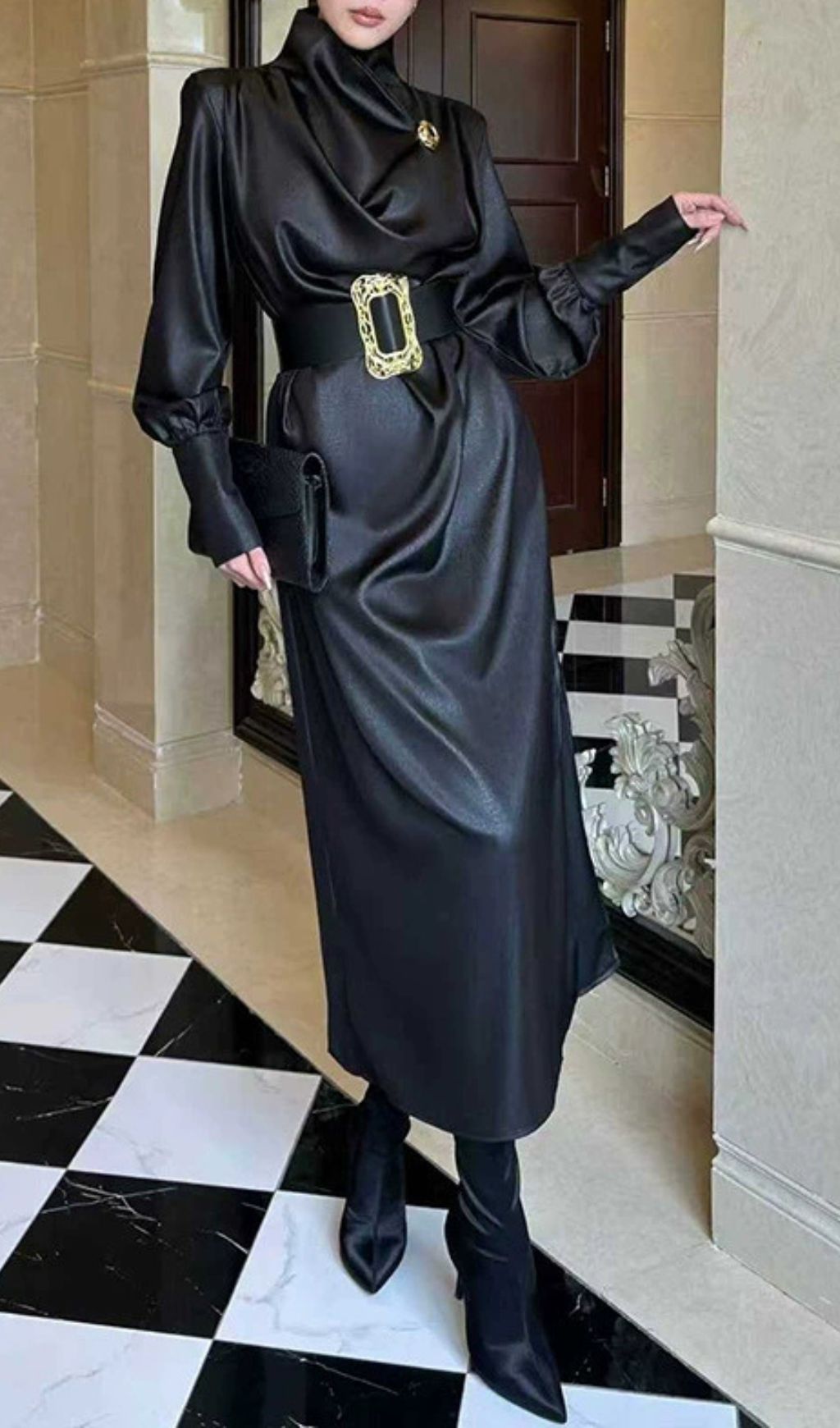 Imad Black Elegant Long Sleeve Belted Maxi Dress - Statement Gold Buckle