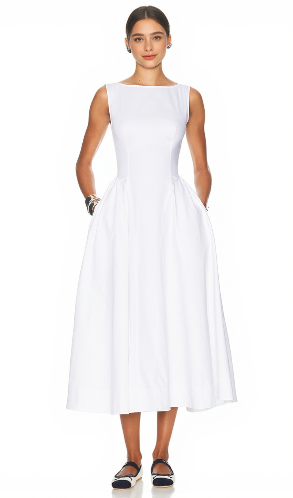Stretch Cotton Sateen Midi Dress in white