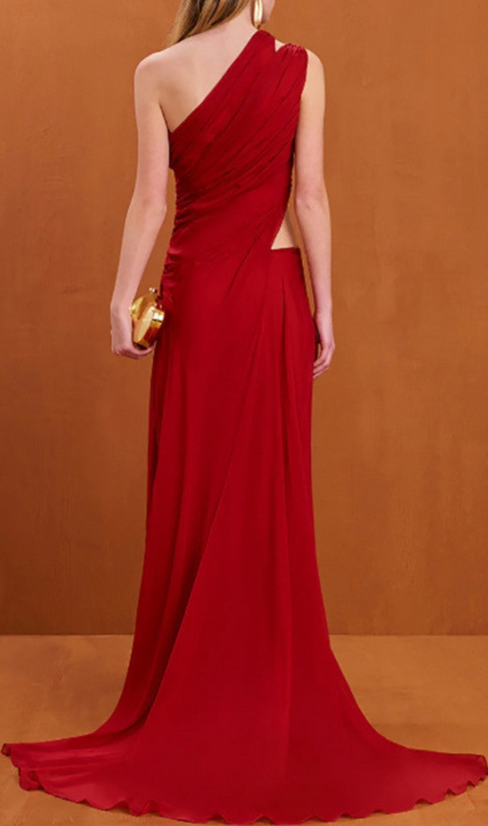 Red One Shoulder Ruched Cut Out Maxi Dress