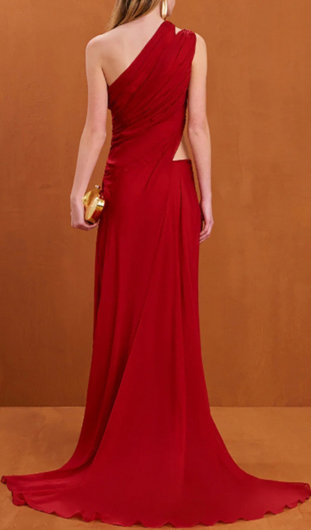 Red One Shoulder Ruched Cut Out Maxi Dress