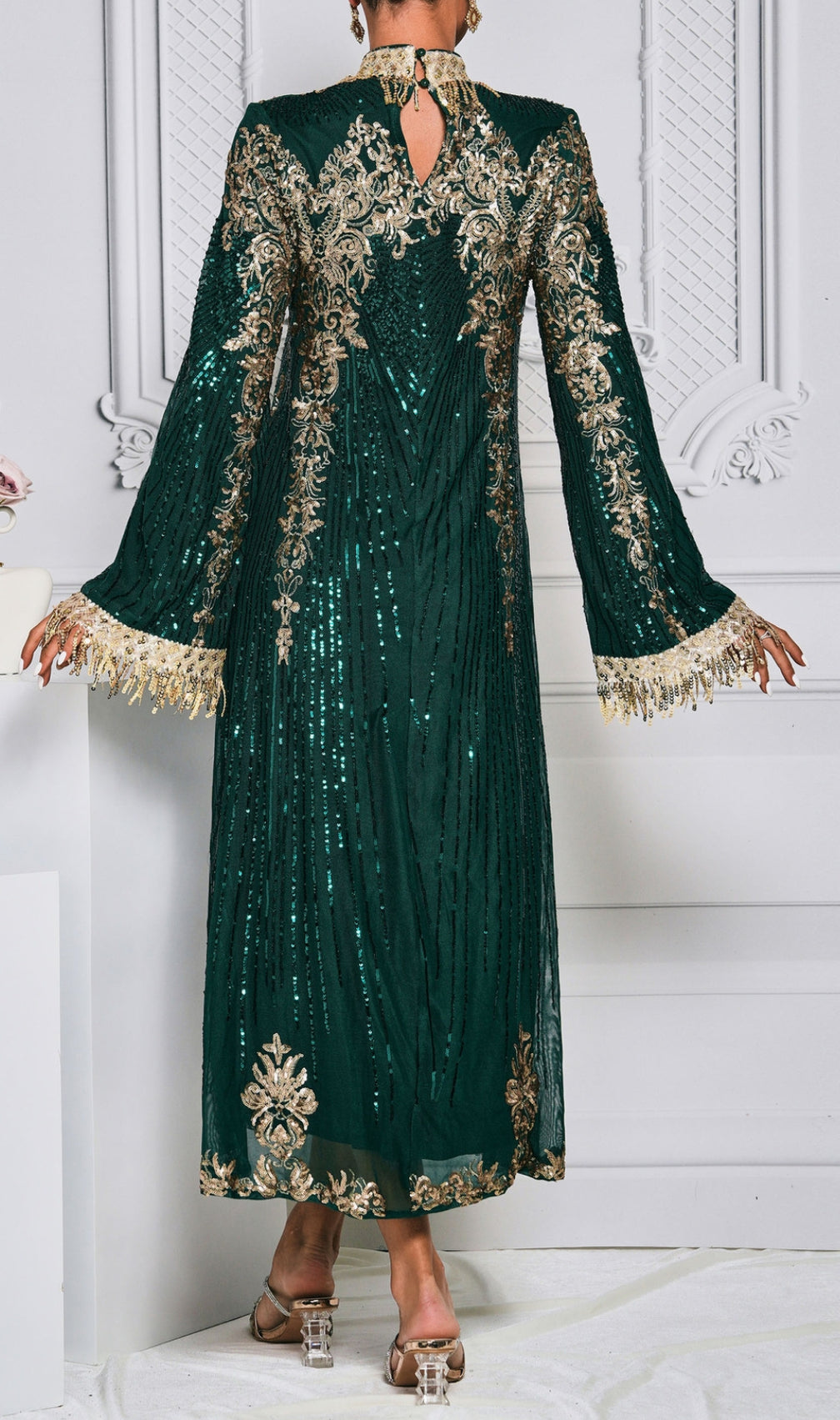 Crispina Green Sequin Long Sleeve Midi Dress