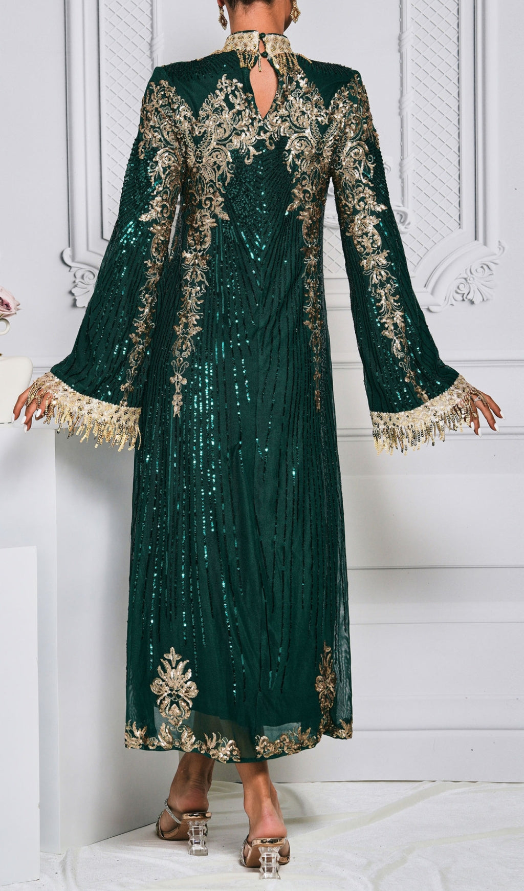 Crispina Green Sequin Long Sleeve Midi Dress