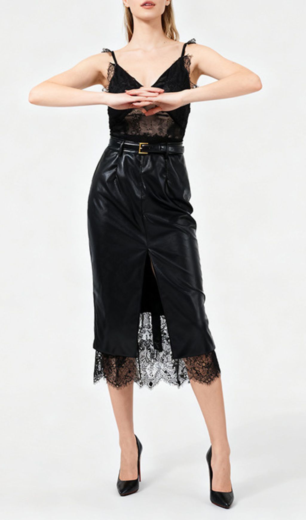 Ilta Black Lace & Vegan Leather Midi Dress | Chic Layered Look