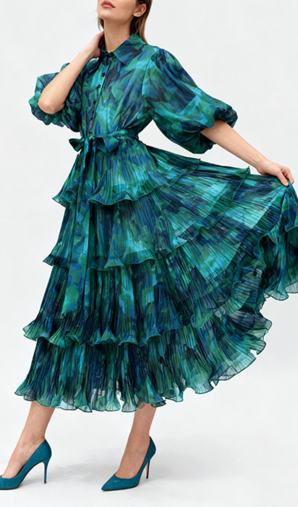 Ilma Vibrant Teal & Blue Printed Puff Sleeve Layered Midi Dress