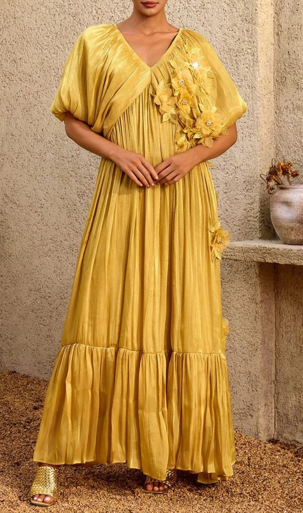 Corthiel Puff Sleeve Flower Ruched Maxi Dress