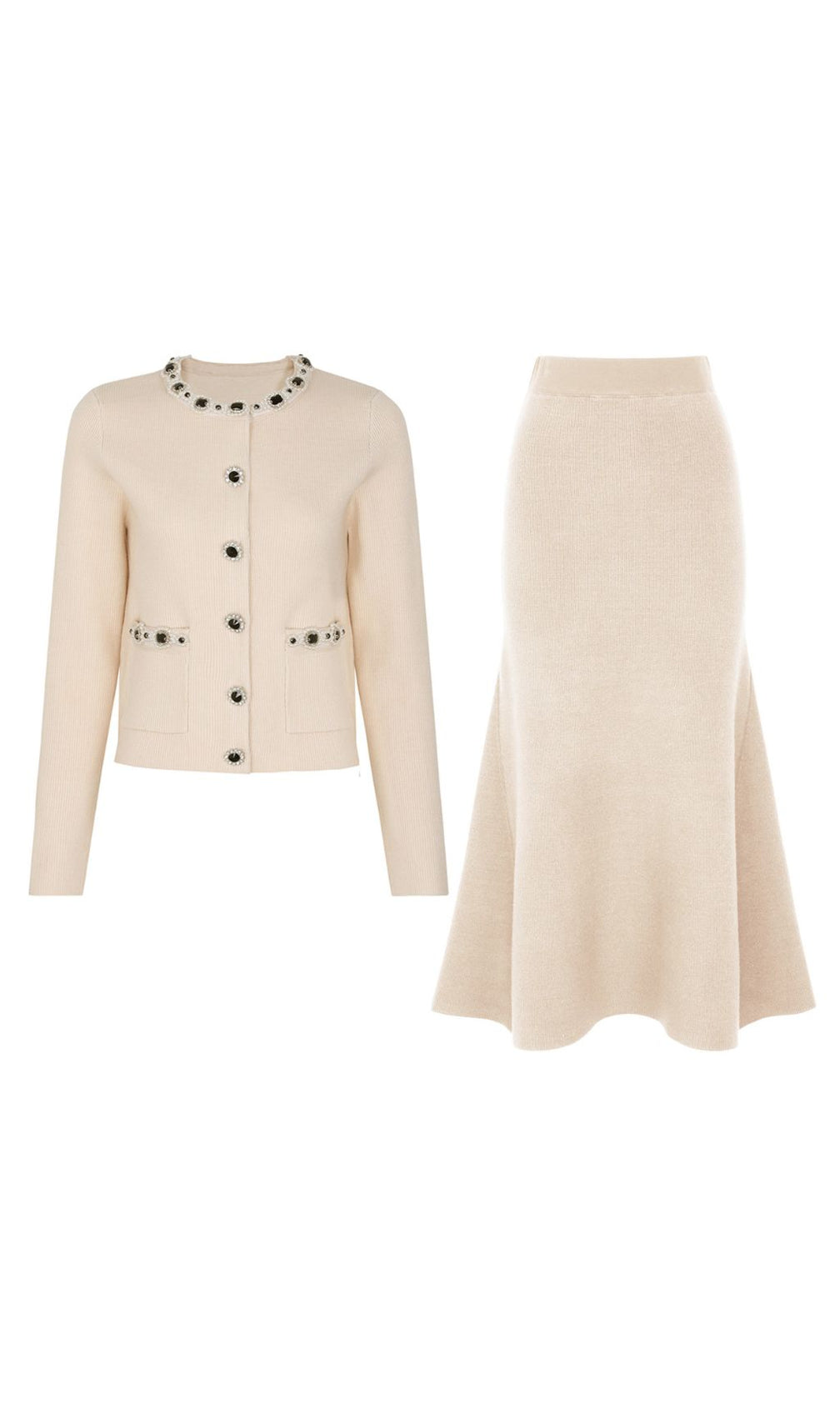 Jie Luxe Knit Embellished Cardigan & Flared Skirt Set - Effortless Apricot Chic