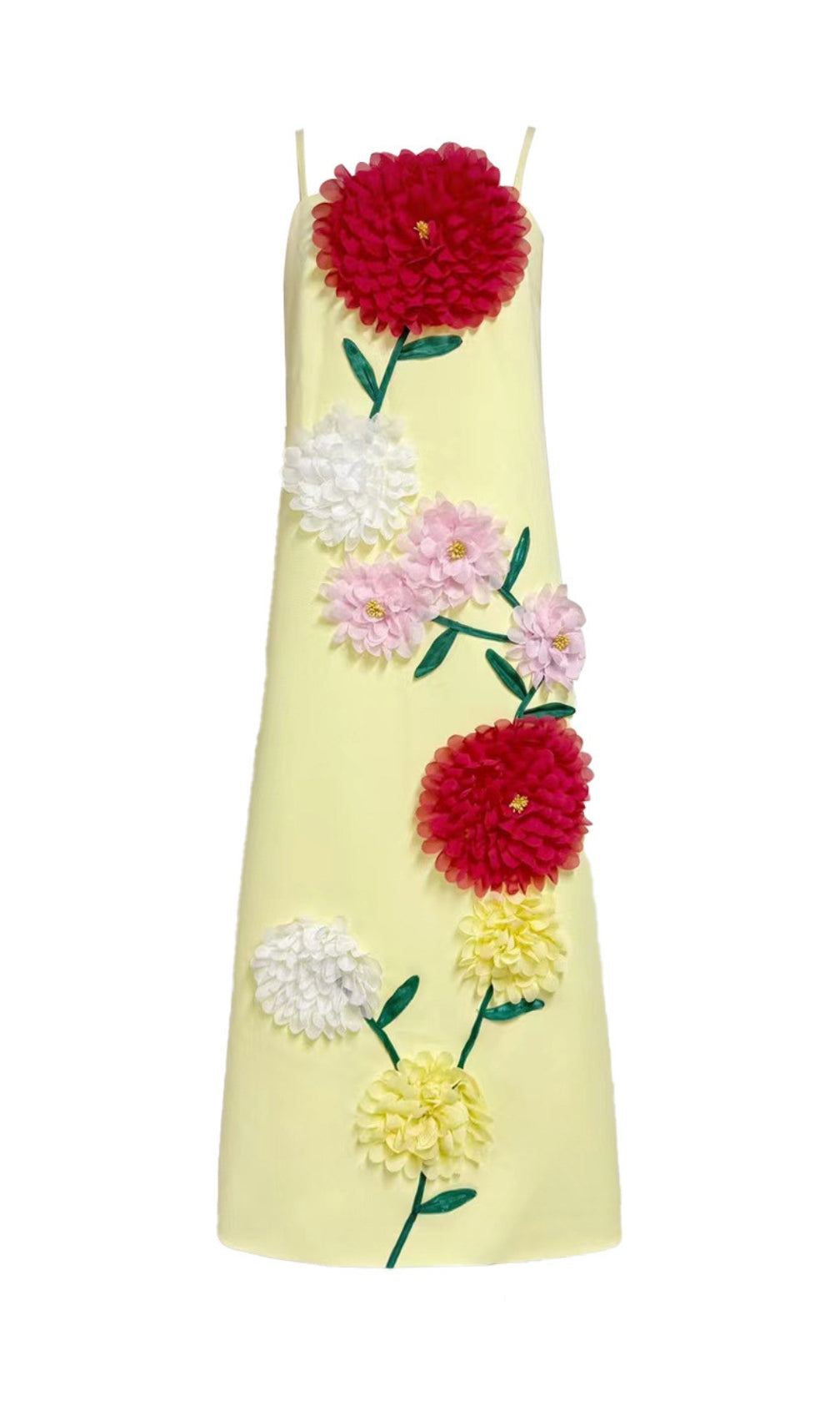 Erica Yellow 3D Floral Maxi Dress - Vibrant Strappy Gown for Women