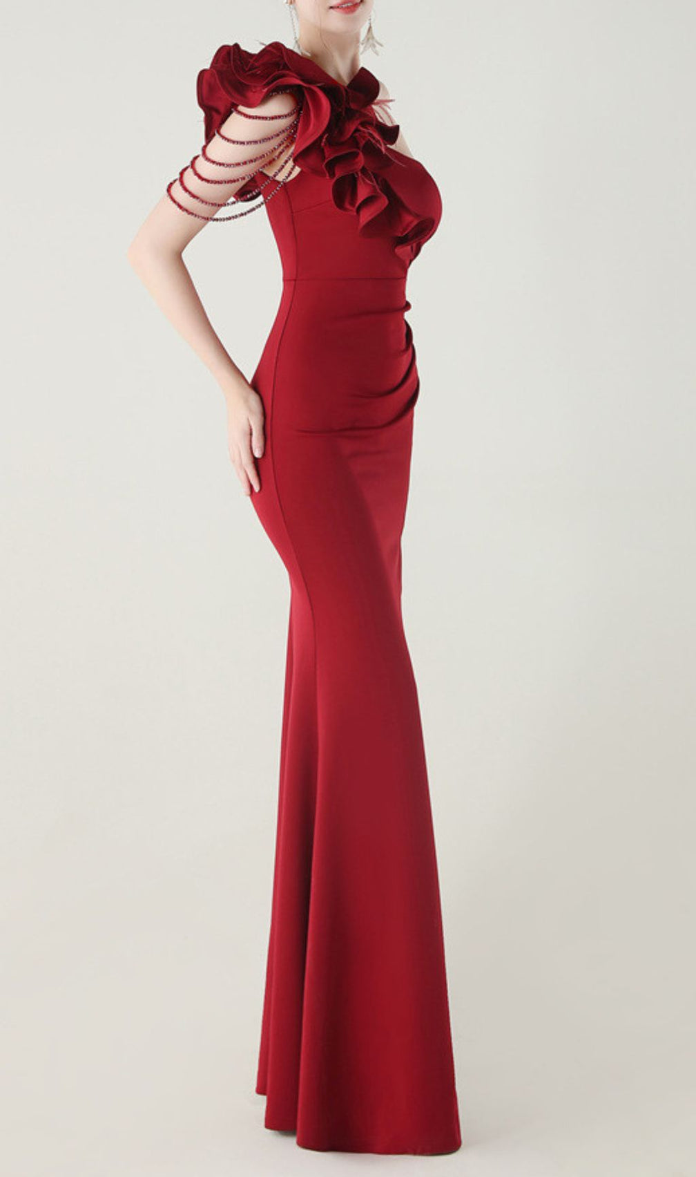 Showstopping Ijlal Red One-Shoulder Ruffle Gown with Beaded Detail & High Slit