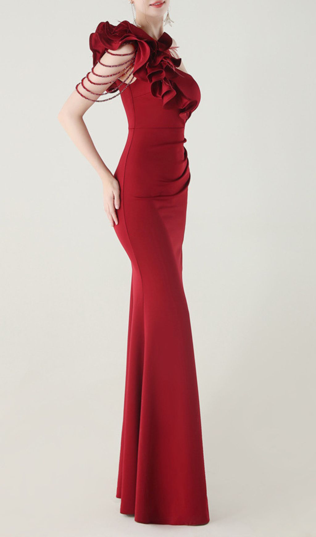 Showstopping Ijlal Red One-Shoulder Ruffle Gown with Beaded Detail & High Slit
