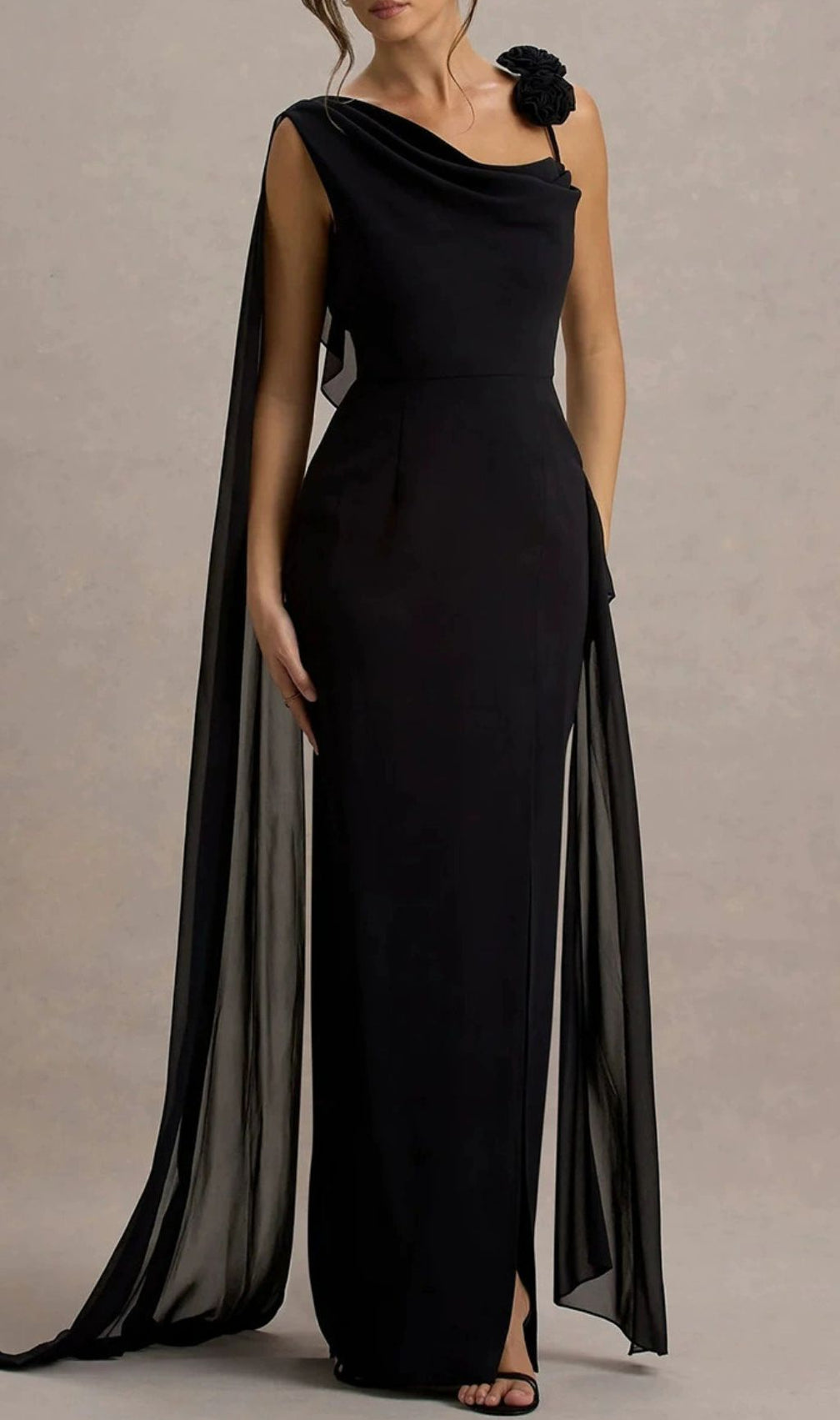 Ivette Black One-Shoulder Draped Maxi Gown with Floral Embellishment