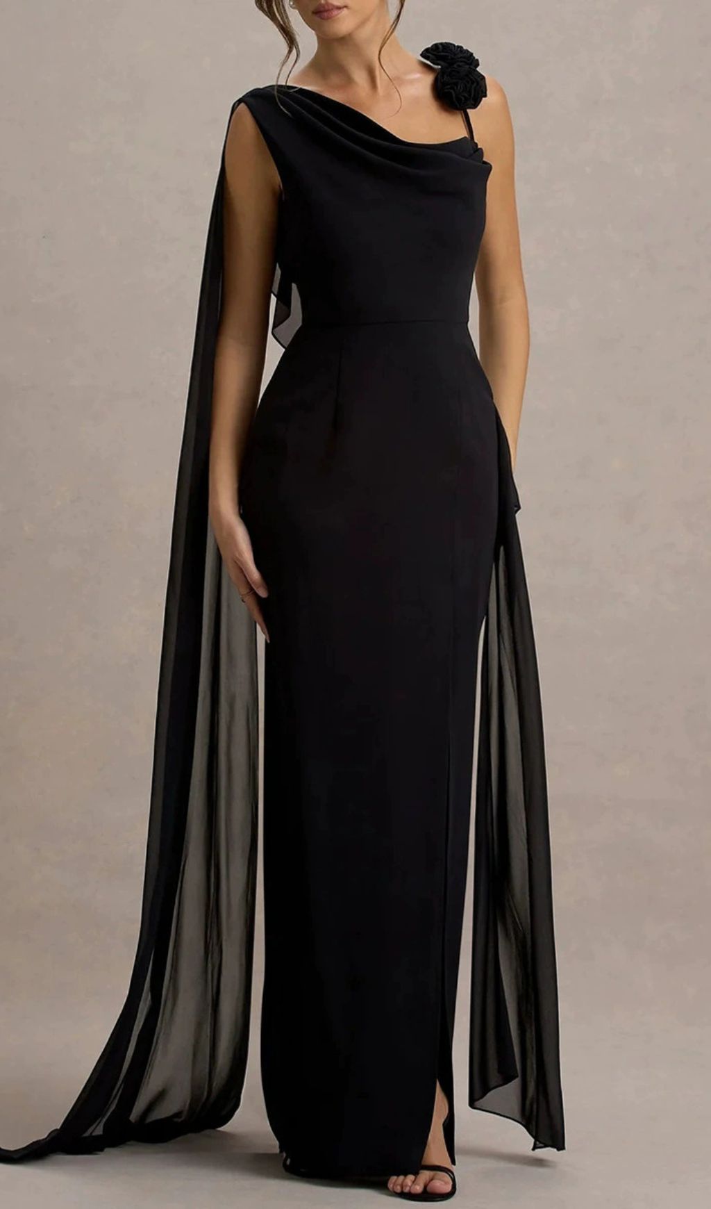 Ivette Black One-Shoulder Draped Maxi Gown with Floral Embellishment
