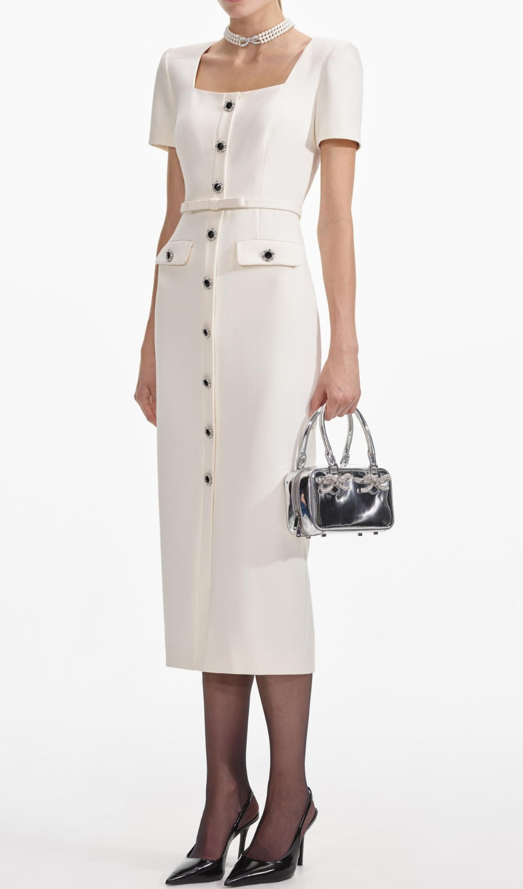 Cream Crepe Button Midi Dress
