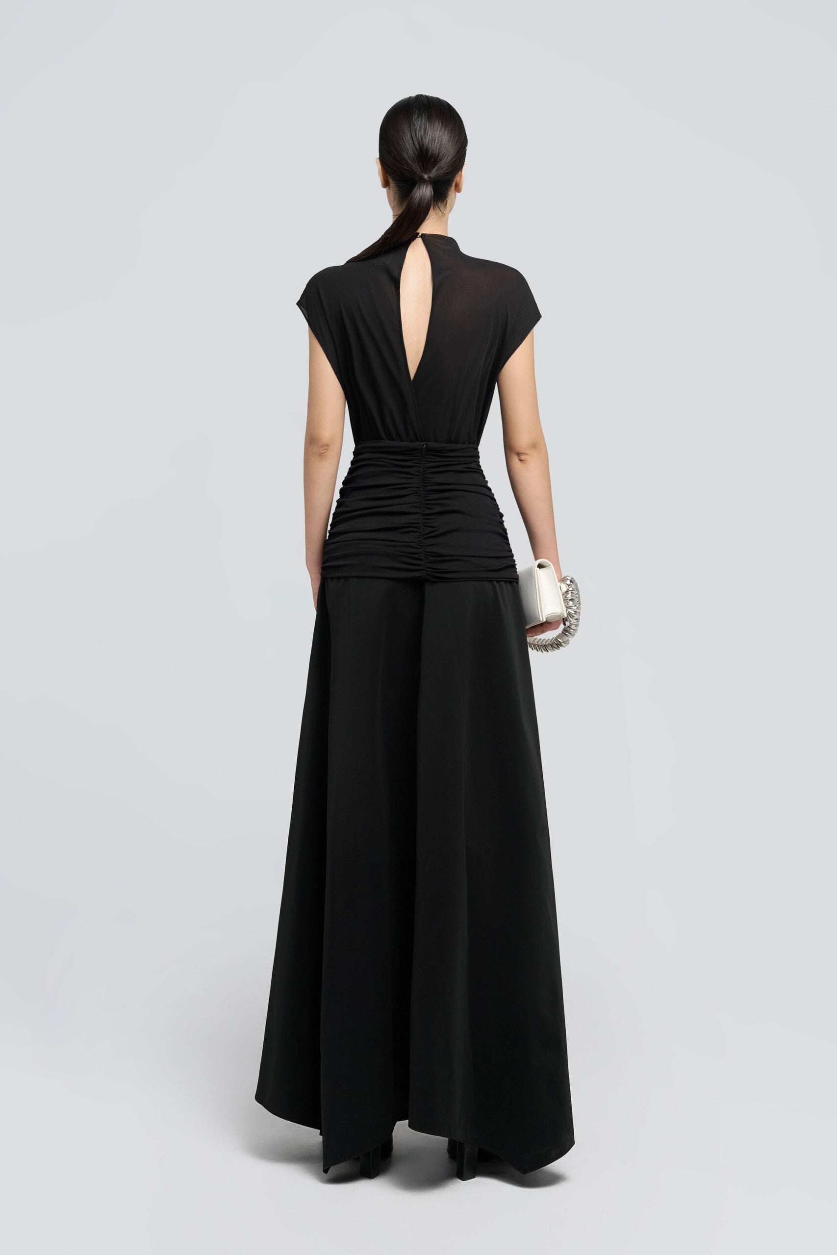 black Waist cross pleats midi dress with asymmetric hemline