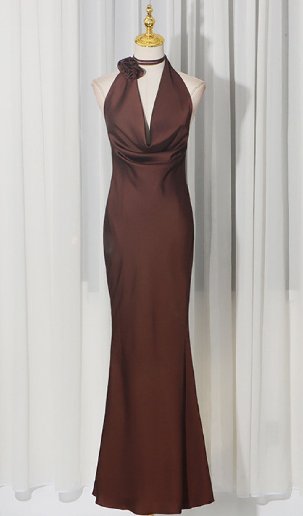 Jeneva Coffee Halter Maxi Dress: Luxurious Satin with a Statement Rose Choker