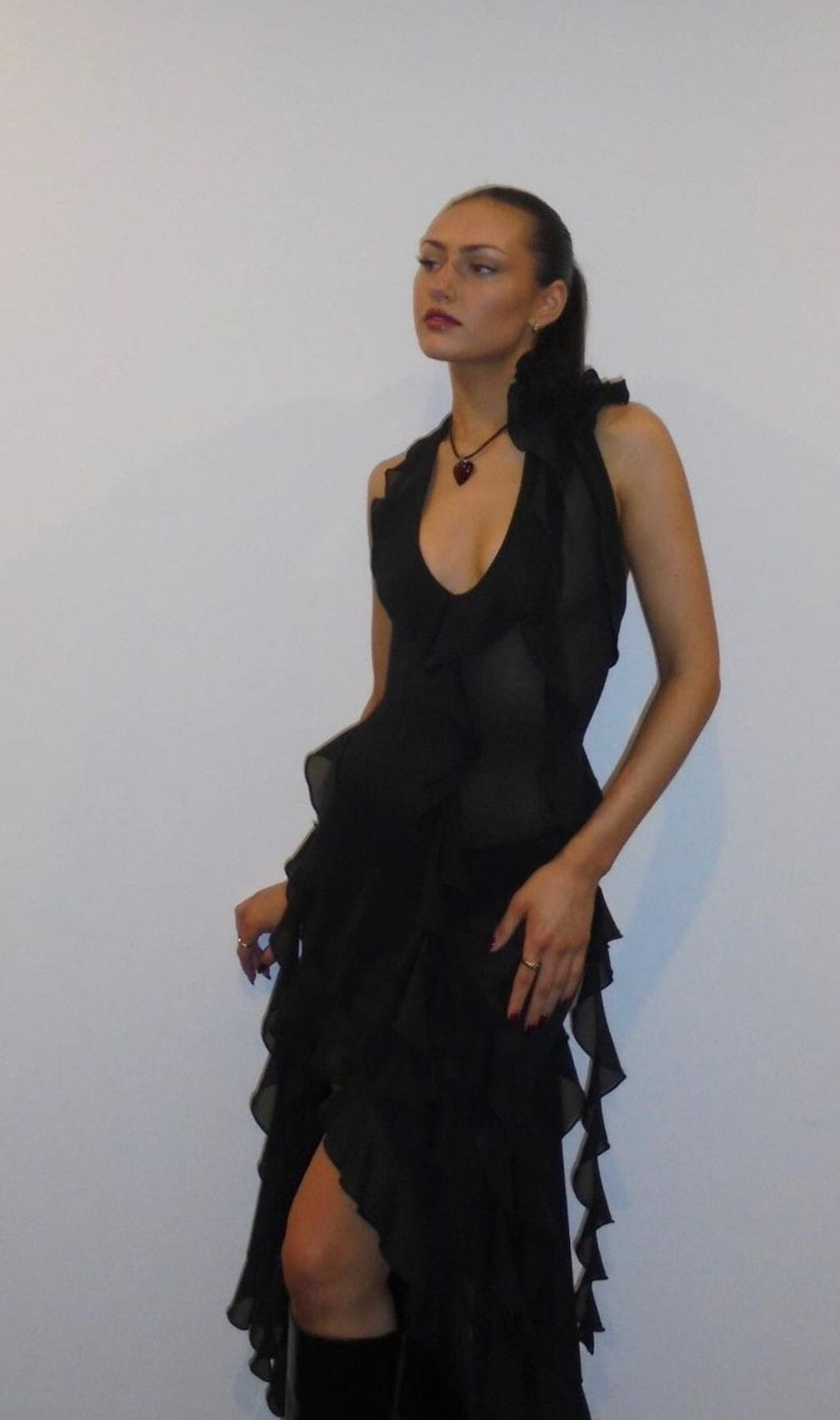 Plunging Neckline Ruffle Dress In Black