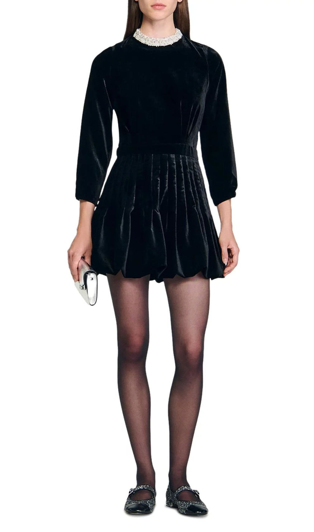 Chic Black Velvet Mini Dress with Beaded Collar & Bubble Skirt