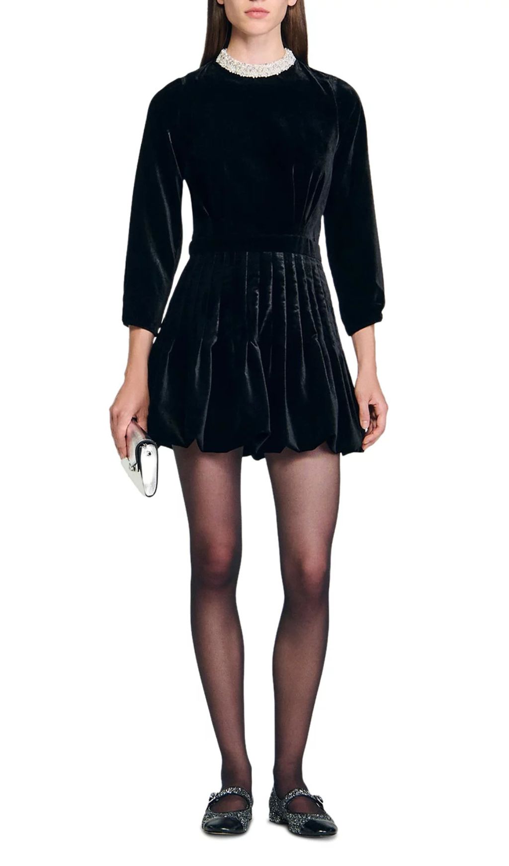 Chic Black Velvet Mini Dress with Beaded Collar & Bubble Skirt