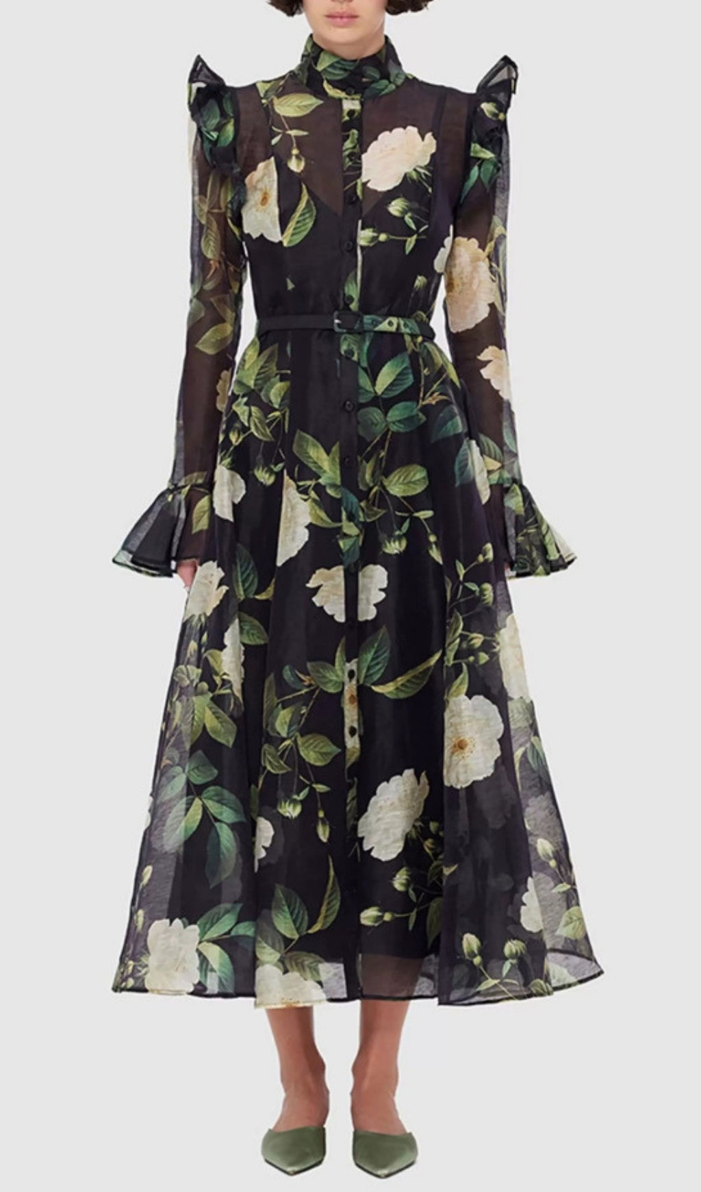Eder Black Floral Long Sleeve Midi Dress