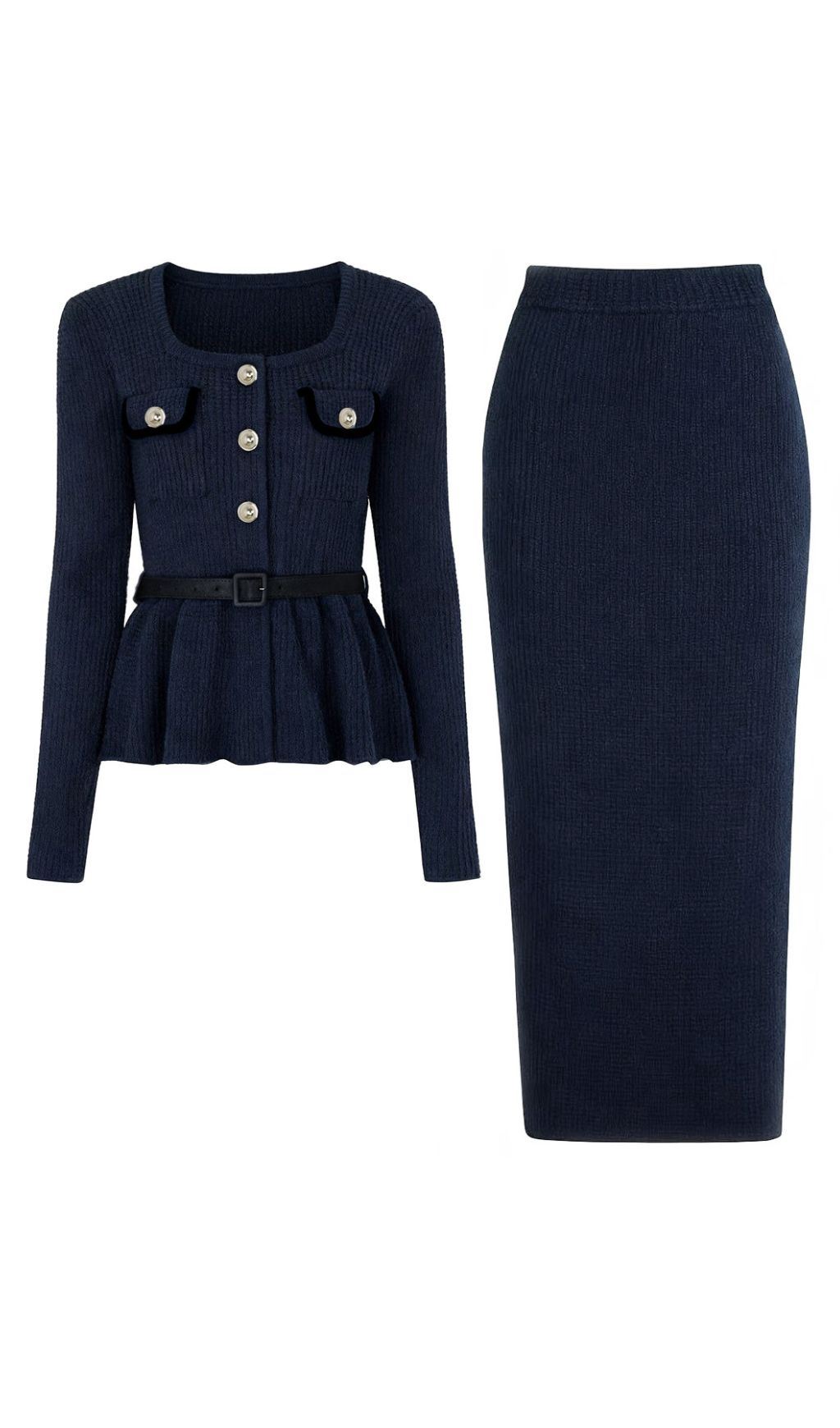 Chic Ribbed Knit Peplum Top & Midi Skirt Set - The Jakob Ensemble