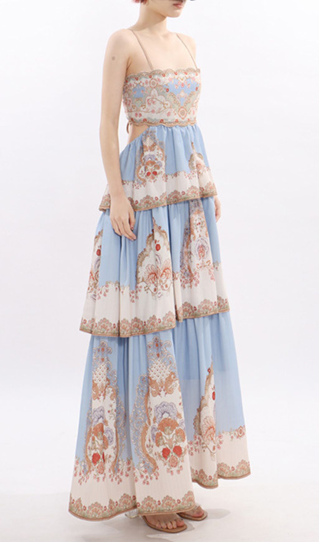 Jevic Serene Blue Bohemian Tiered Maxi Dress - Intricate Print & Strappy Design