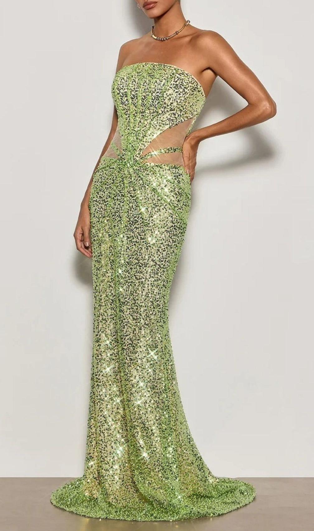 Cytheria Dazzling Lime Green Sequin Illusion Maxi Gown | Strapless Cut-Out Formal Dress