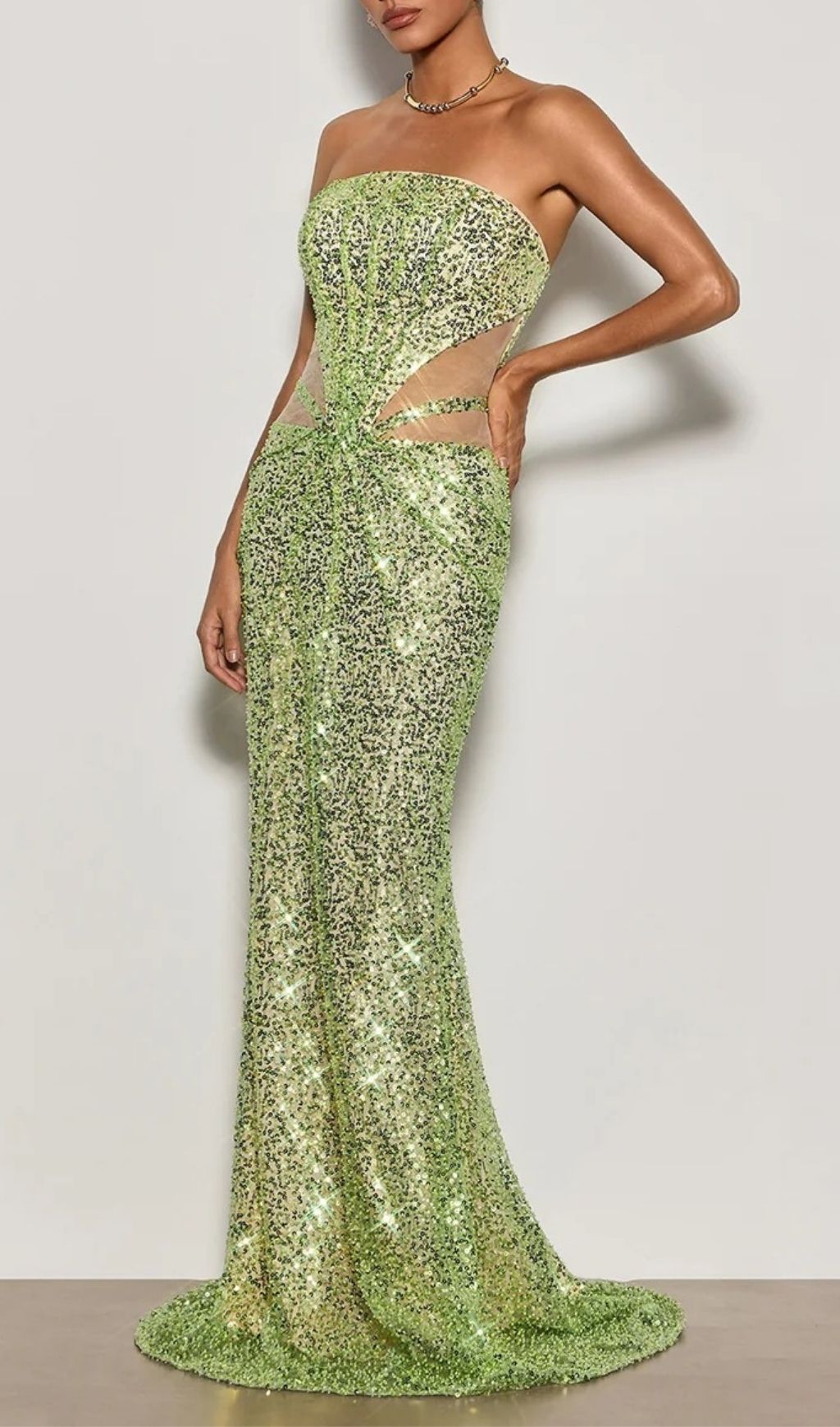 Cytheria Dazzling Lime Green Sequin Illusion Maxi Gown | Strapless Cut-Out Formal Dress