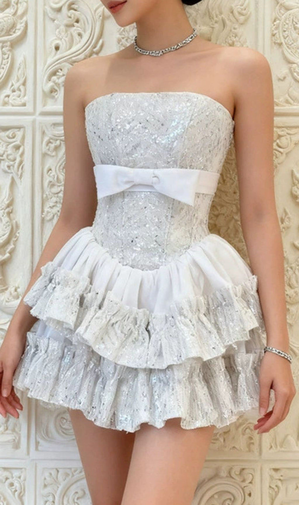 Iolana Dazzling Strapless Sequin Mini Dress | White Party & NYE Glam