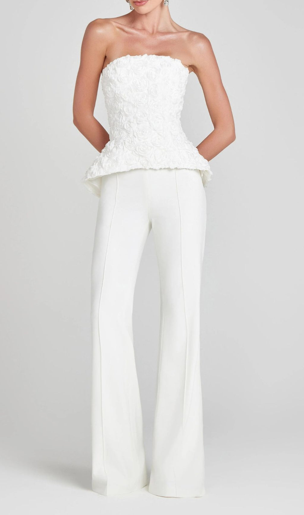 Jerusha White Floral Peplum Top & Tailored Wide-Leg Pants Set