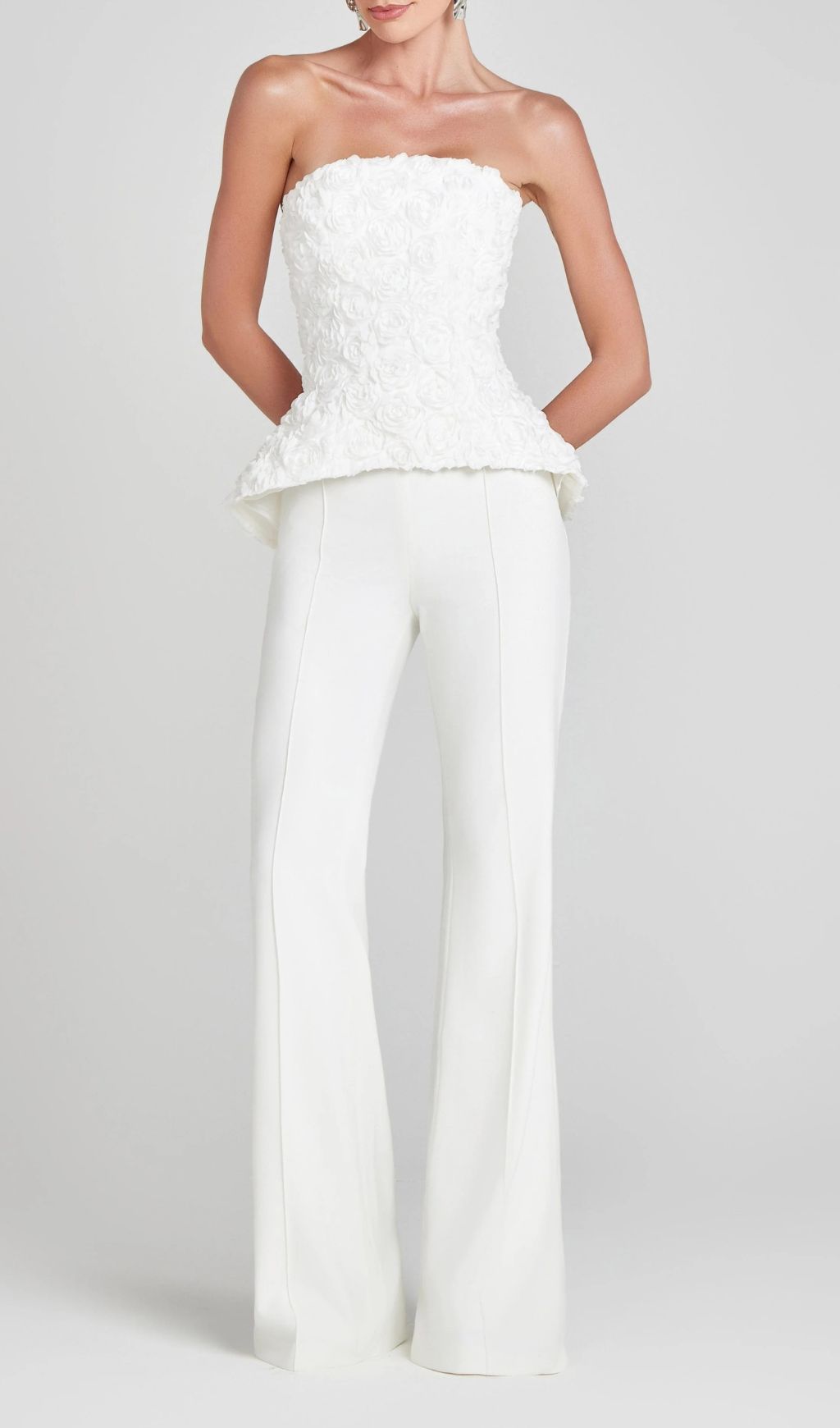 Jerusha White Floral Peplum Top & Tailored Wide-Leg Pants Set