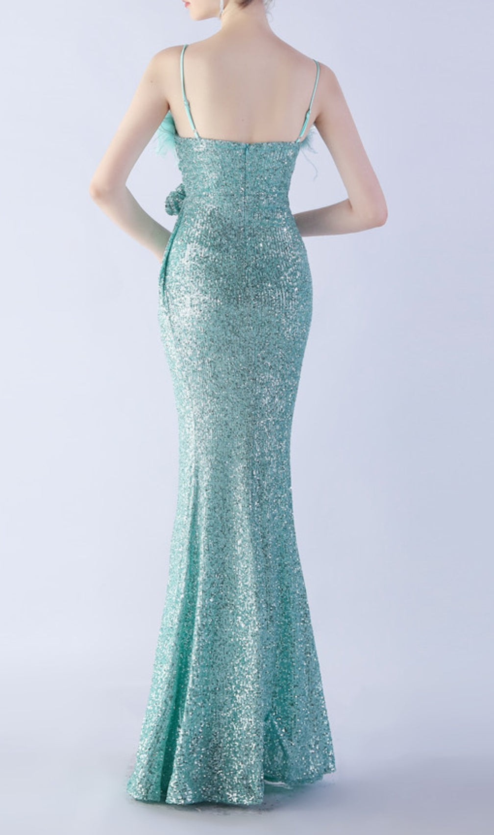 Chroma Mint Sequin Flower Feather Maxi Dress