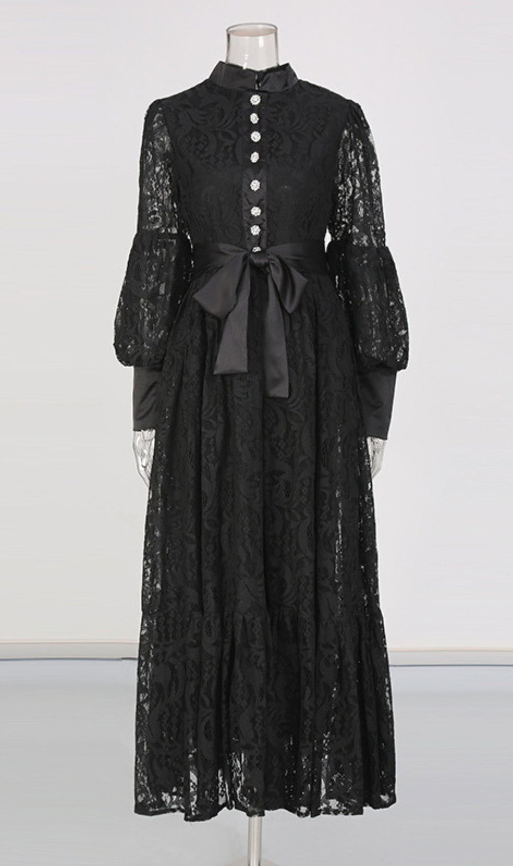 Ivria Elegant Black Lace Maxi Dress - High Neck & Voluminous Sleeves