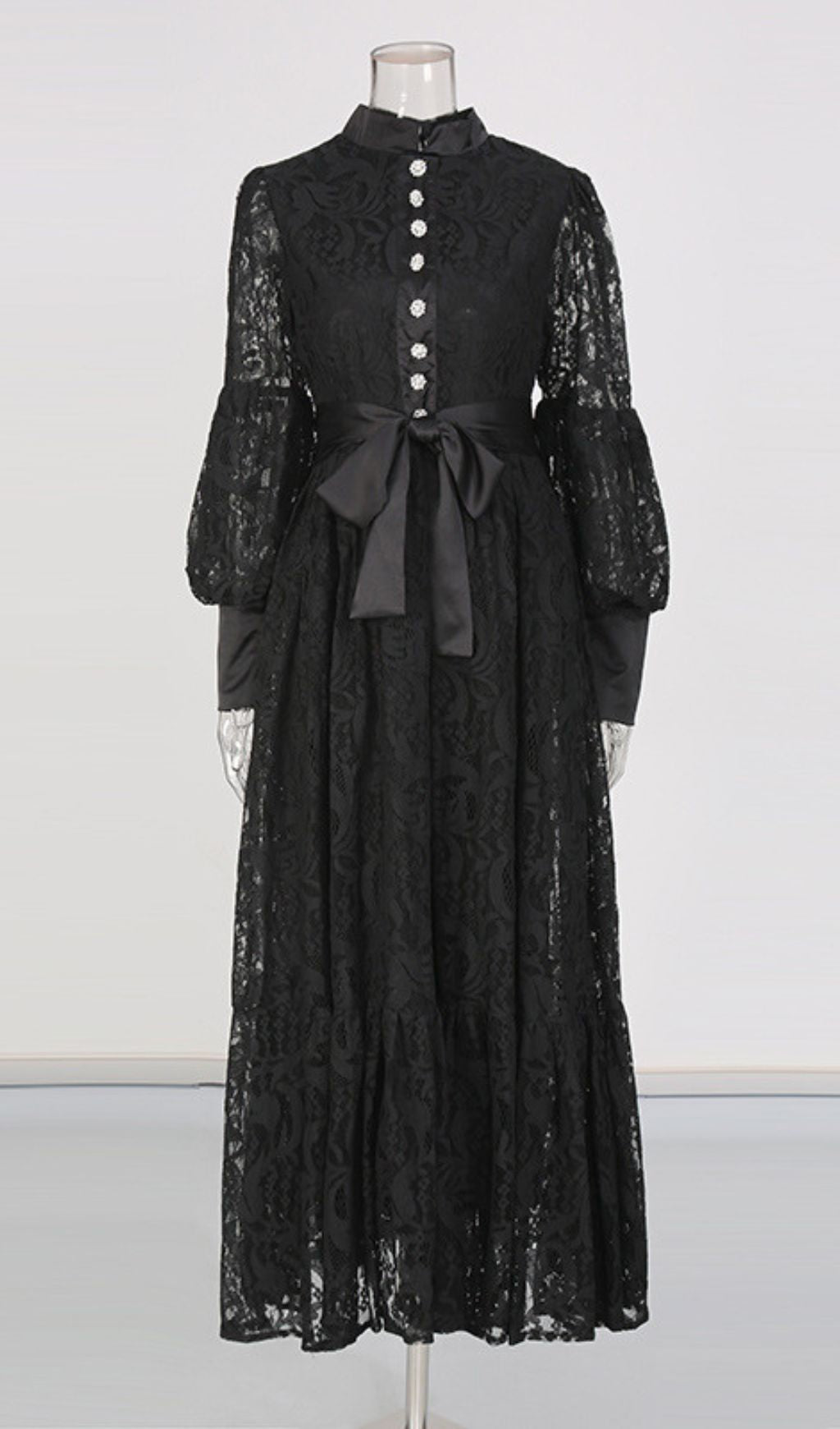 Ivria Elegant Black Lace Maxi Dress - High Neck & Voluminous Sleeves