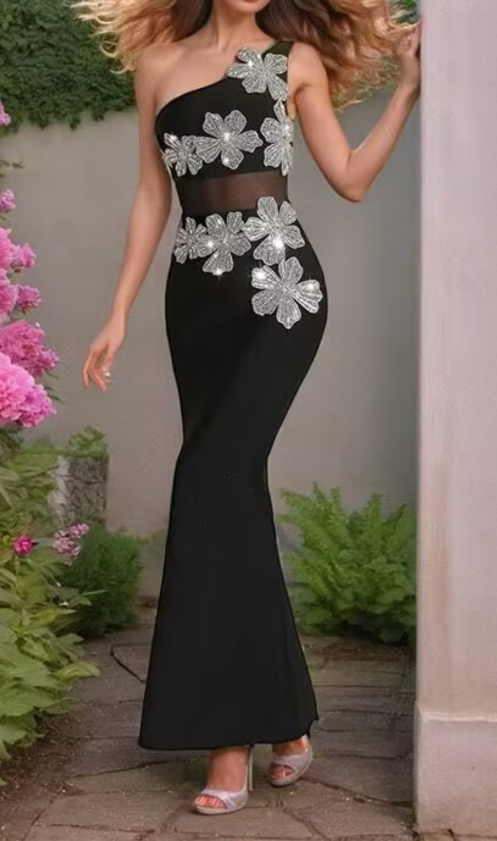 Donosa Black Flower One-Shoulder Bandage Maxi Dress