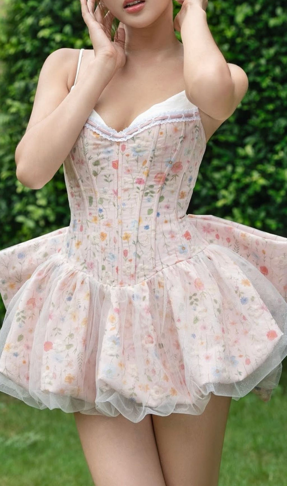 Jaylene Whimsical Floral Corset Mini Dress with Bow Back Detail