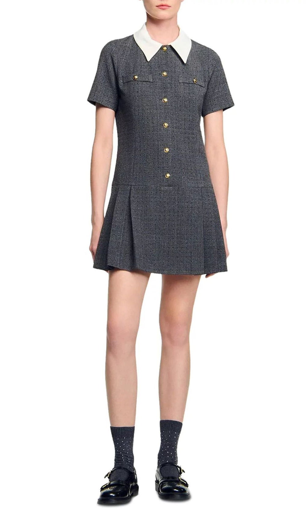 Chic Peter Pan Collar Mini Dress - Gray Tweed with Pleats & Golden Accents