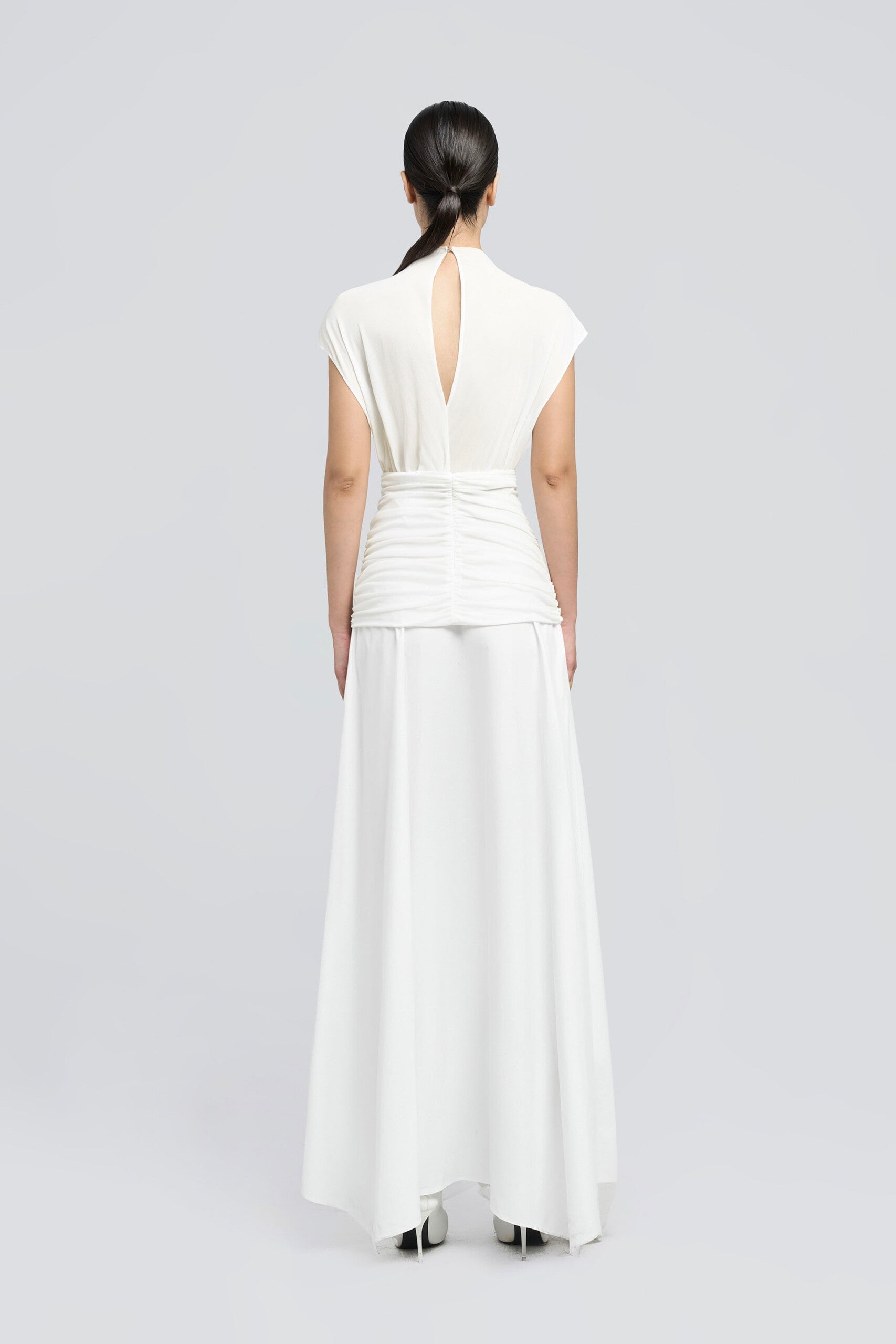 white Waist cross pleats midi dress with asymmetric hemline