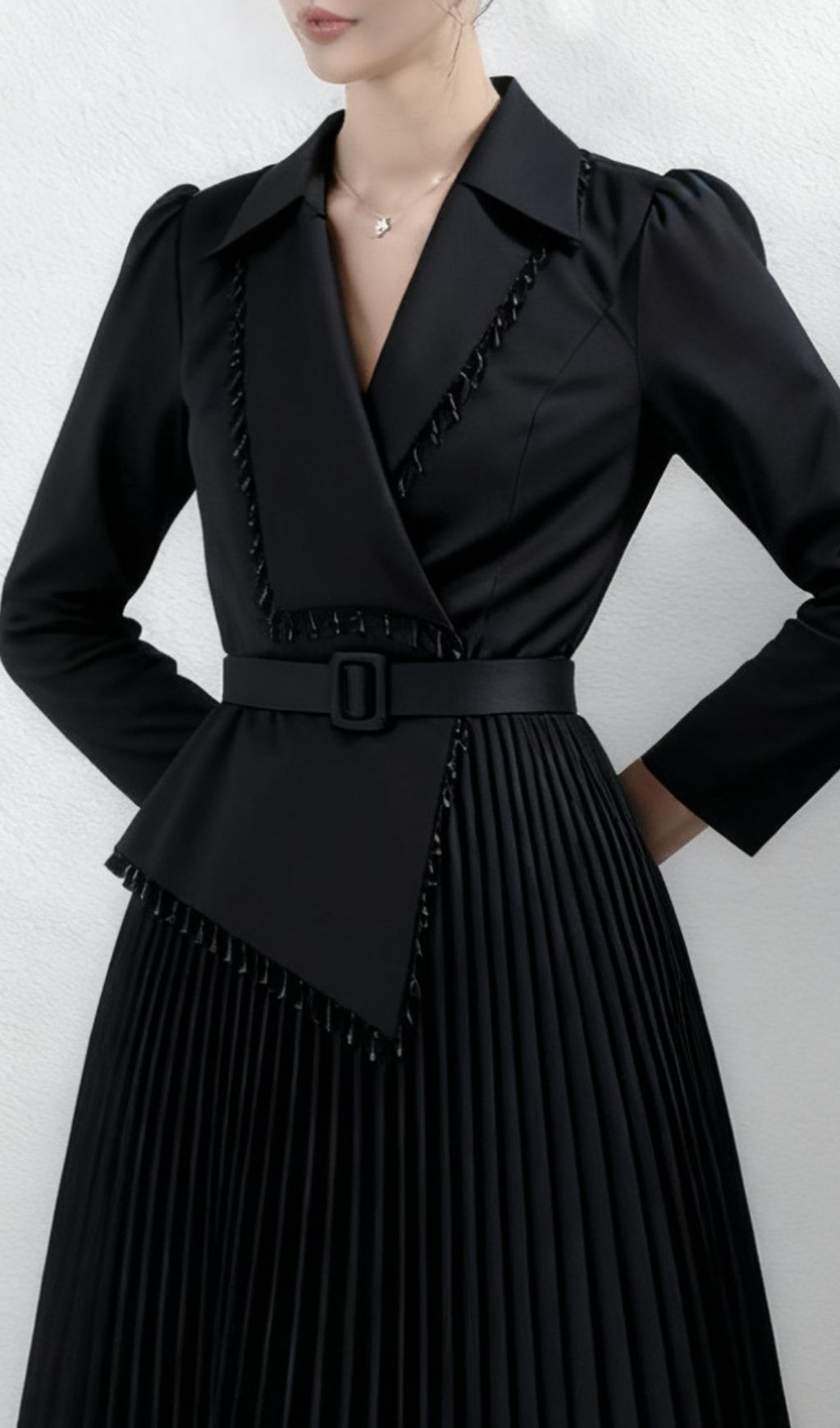 Ino Black Elegant Wrap Midi Dress - Long Sleeve & Pleated for Sophisticated Style
