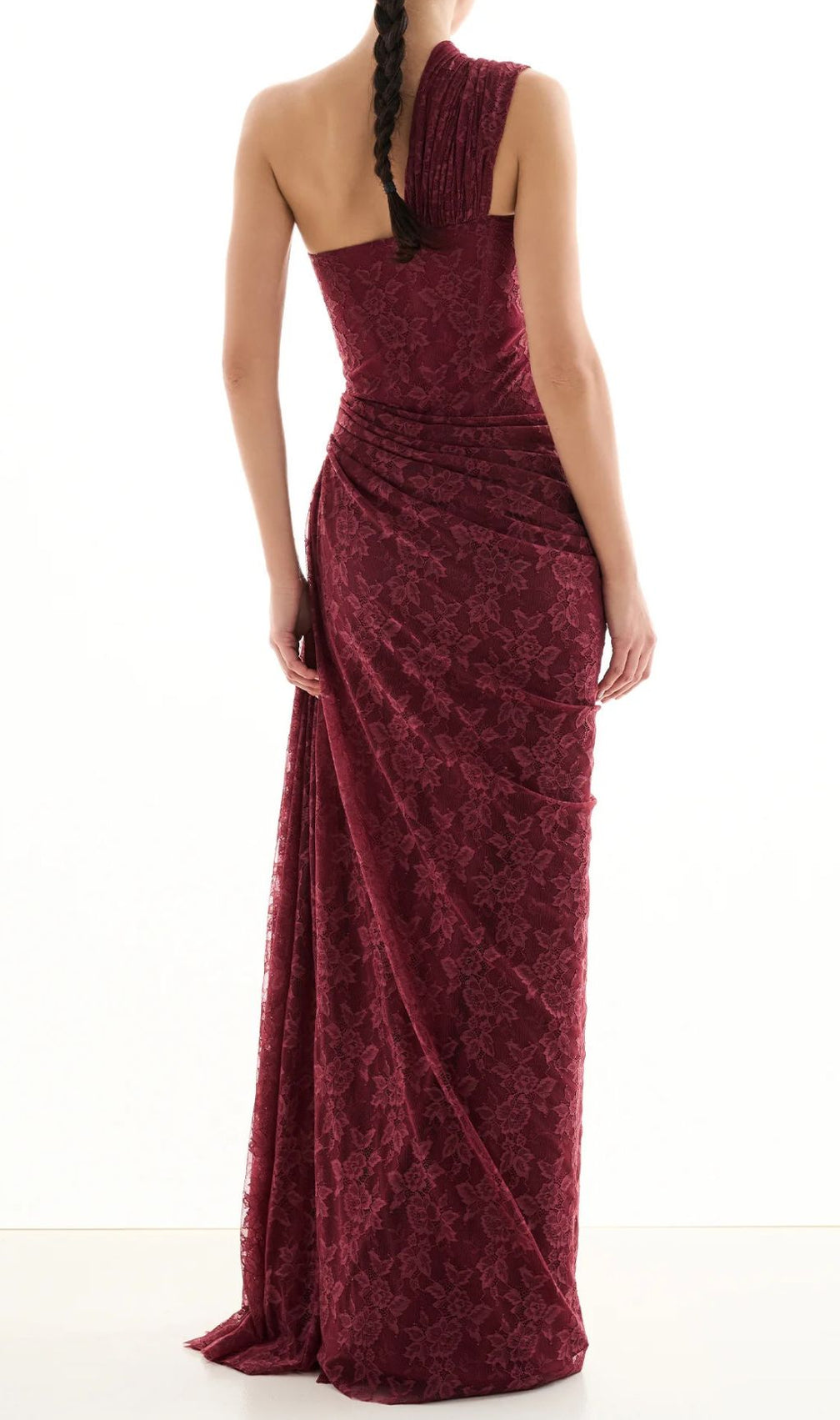 JoJo Wine Lace One-Shoulder Corset Maxi Dress - Elegant Evening Gown