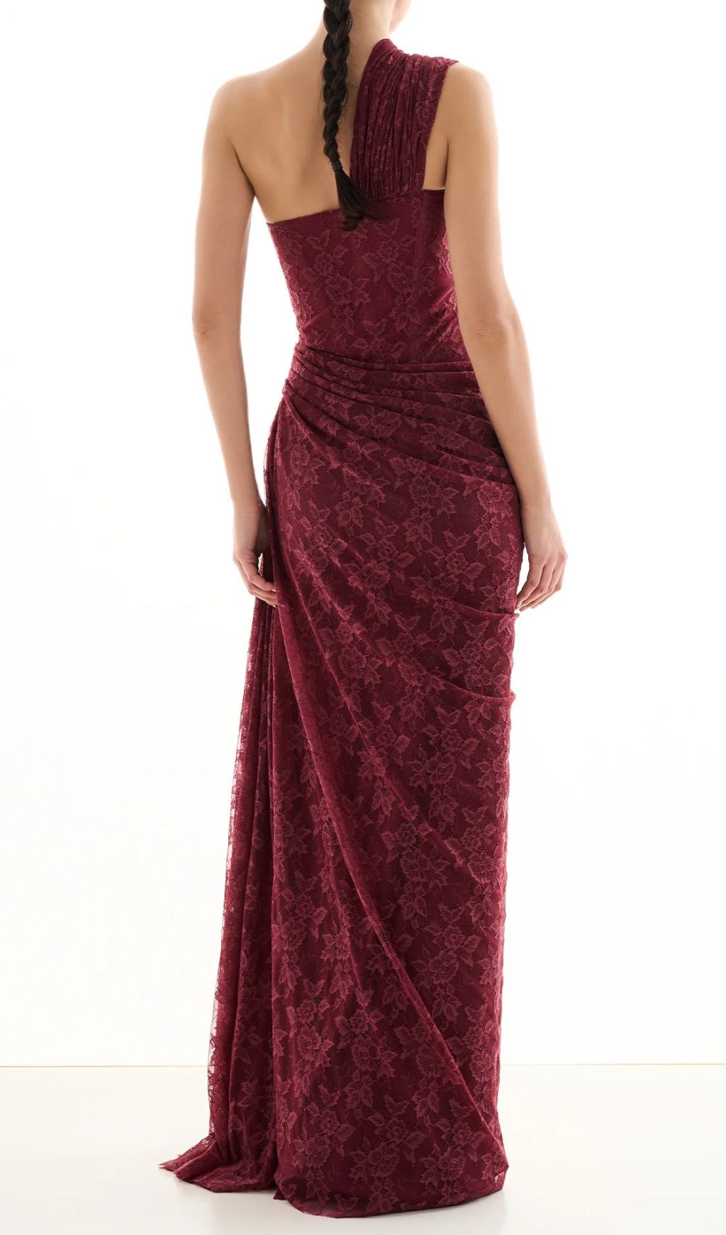 JoJo Wine Lace One-Shoulder Corset Maxi Dress - Elegant Evening Gown