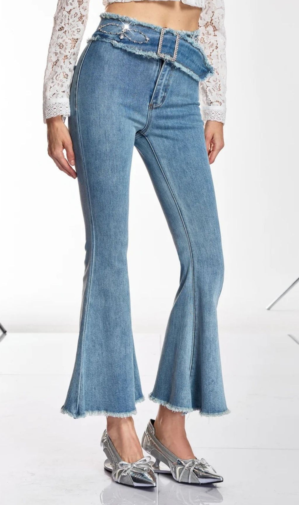 Danette Rhinestone Belted Flare Jeans - High-Waisted Glam Denim