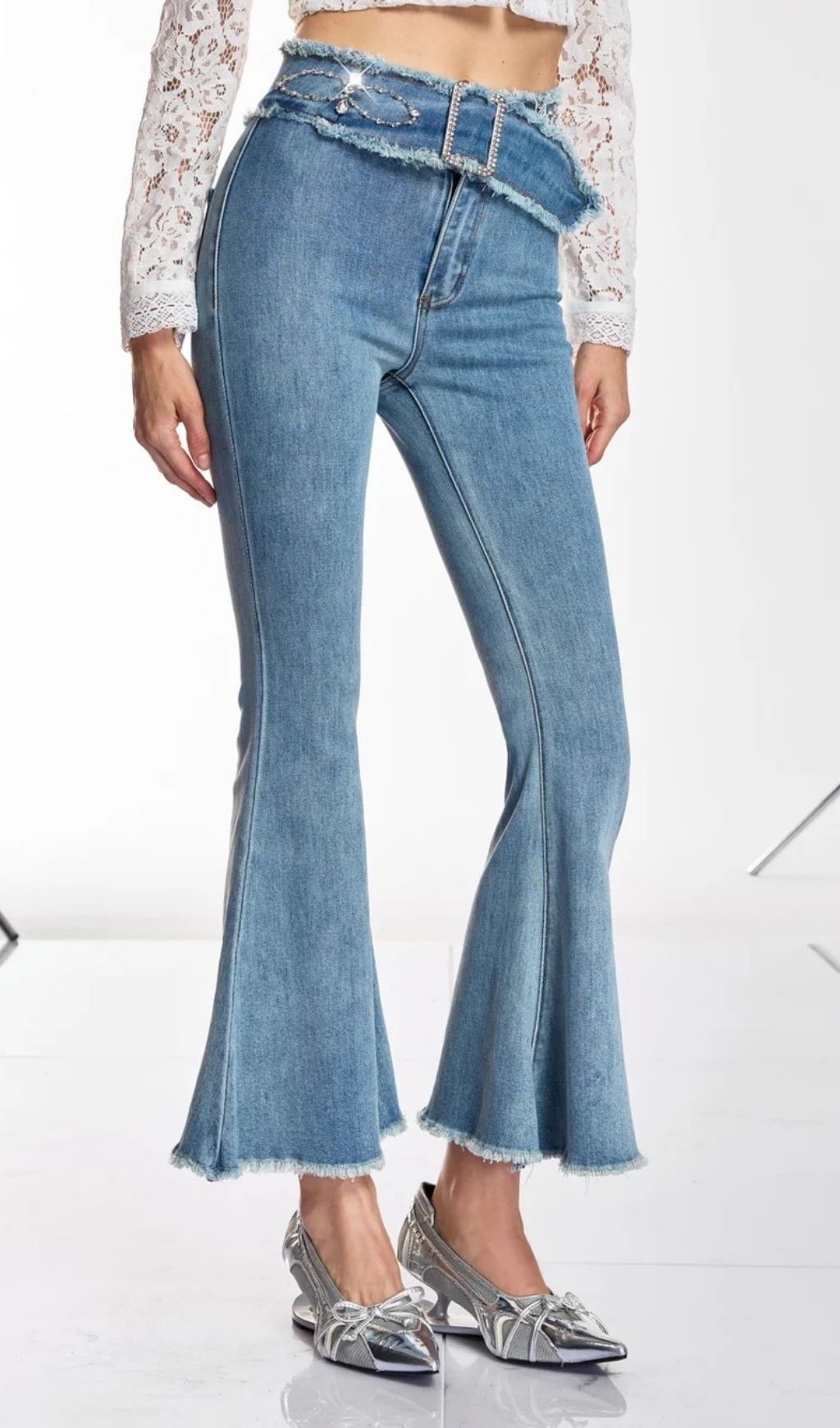 Danette Rhinestone Belted Flare Jeans - High-Waisted Glam Denim