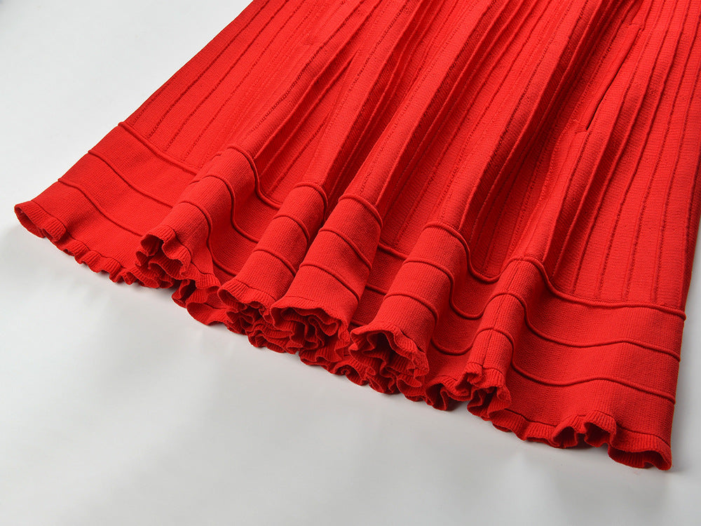 Vibrant Red Rib-Knit Fit & Flare Mini Dress | Chic Square Neck Sleeveless