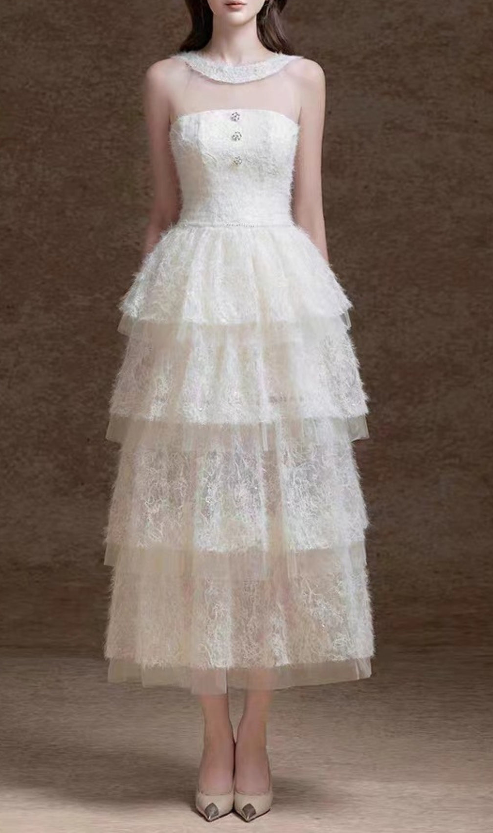 Elfreda White Mesh Layered Midi Dress