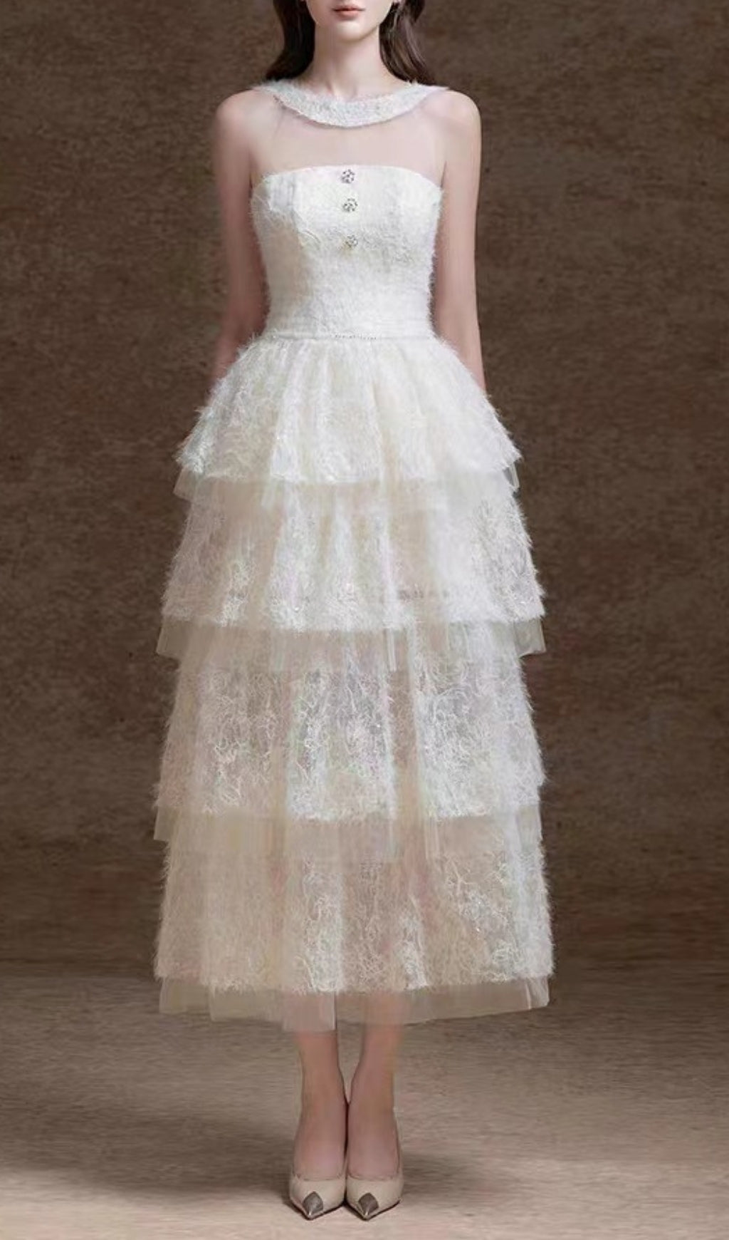 Elfreda White Mesh Layered Midi Dress