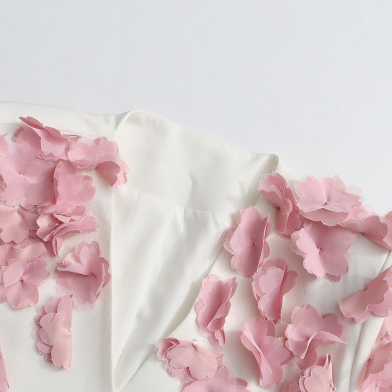 Feo White Flower Embellished Blazer & Midi Skirt