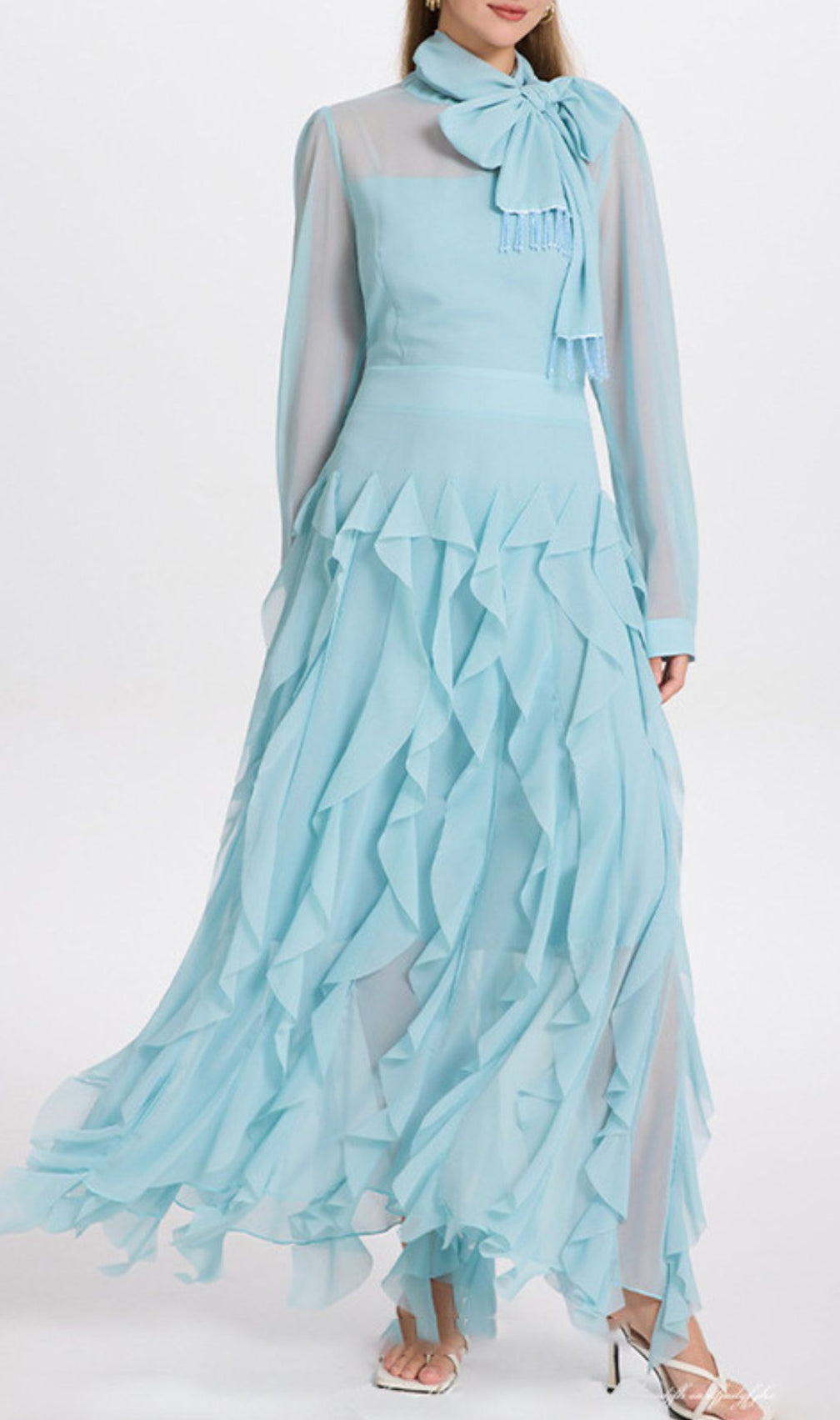 Isaak Ethereal Ruffle Maxi Gown - Elegant Chiffon Dress with Statement Bow Neck