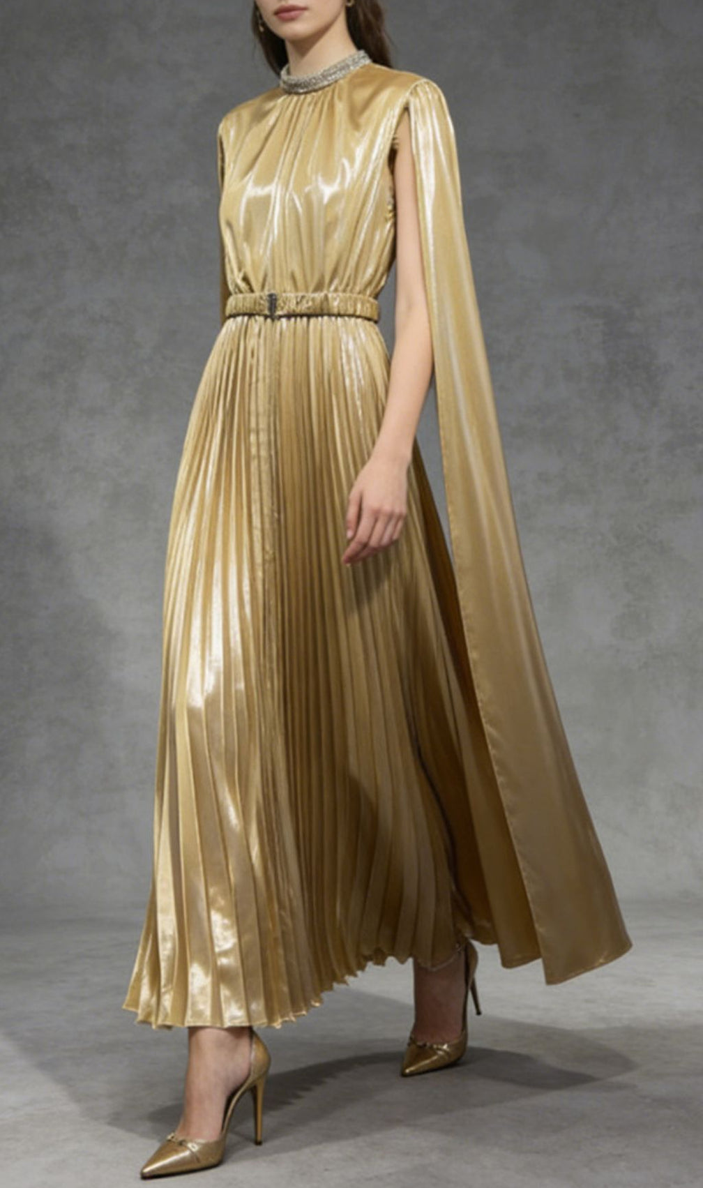 Kacia Opulent Gold Pleated Maxi Gown - Embellished High Neck & Flowing Cape Sleeves
