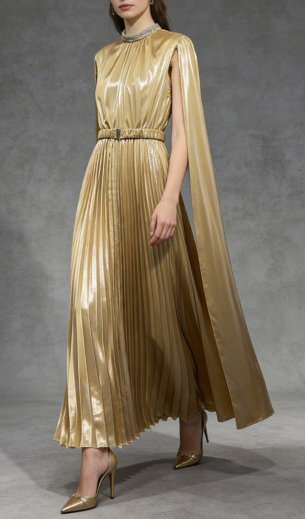 Kacia Opulent Gold Pleated Maxi Gown - Embellished High Neck & Flowing Cape Sleeves